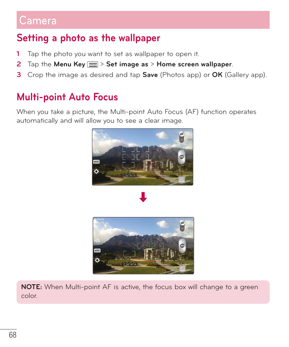 Setting a photo as the wallpaper, Multi-point auto focus, Camera | LG D959 User Manual | Page 69 / 173