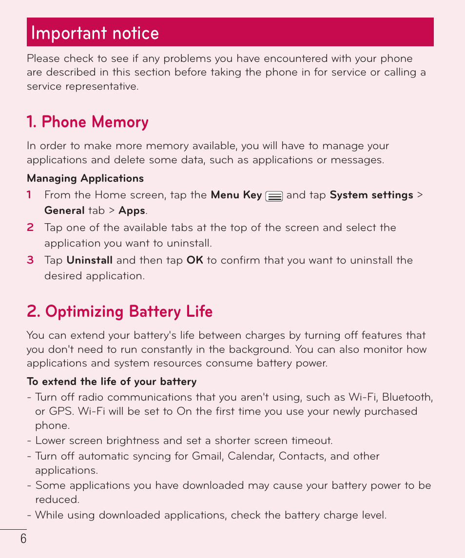 Important notice, Optimizing battery life | LG D959 User Manual | Page 7 / 173