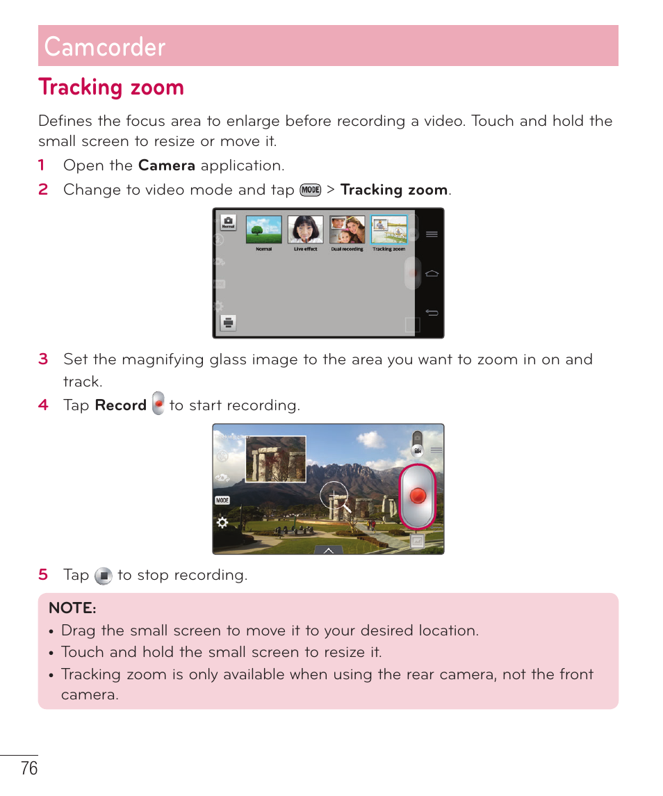 Tracking zoom, Camcorder | LG D959 User Manual | Page 77 / 173