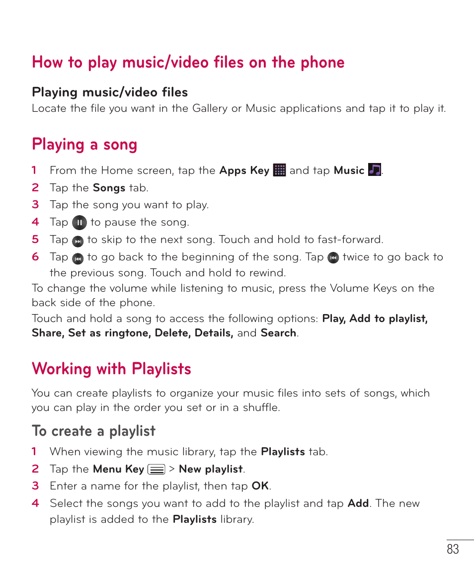 How to play music/video files on the phone, Playing a song, Working with playlists | Playing music/video files | LG D959 User Manual | Page 84 / 173