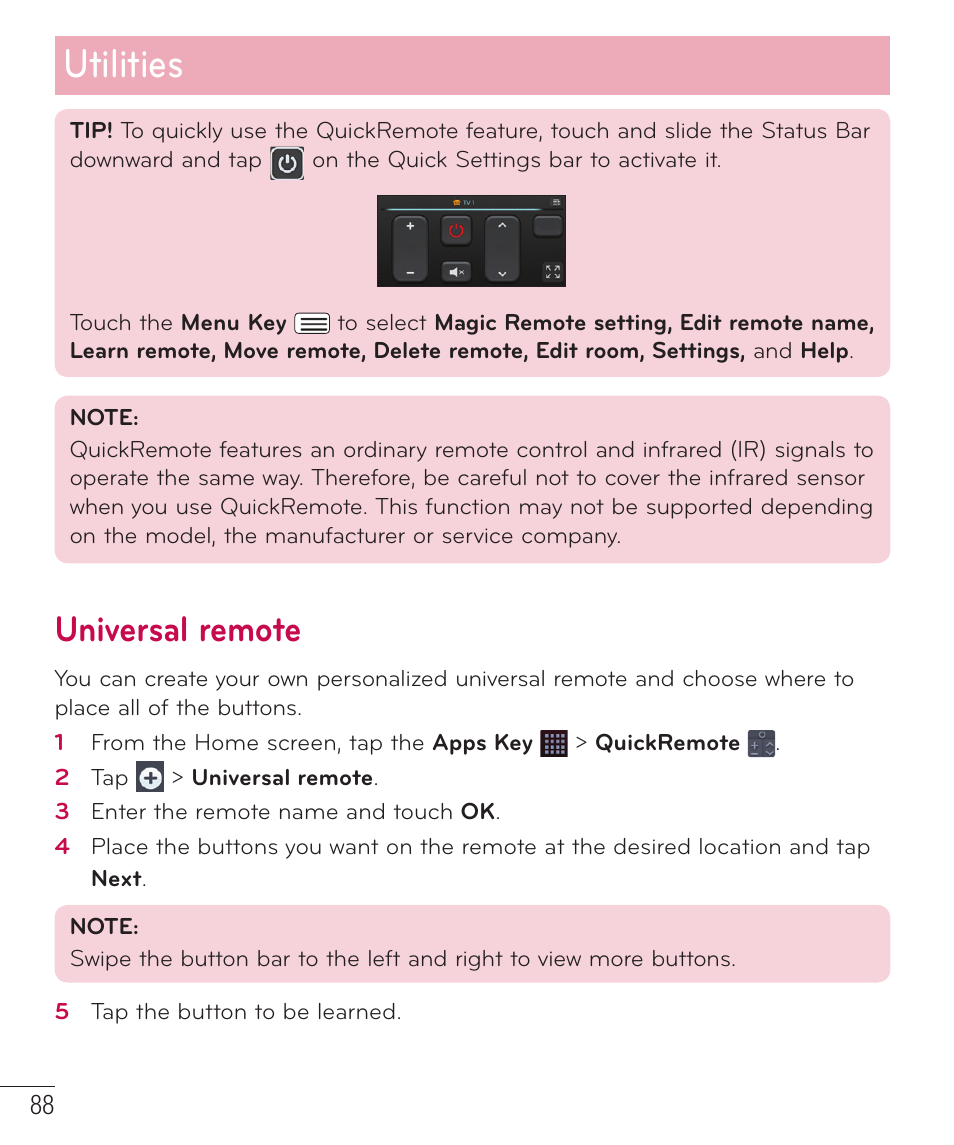 Universal remote, Utilities | LG D959 User Manual | Page 89 / 173