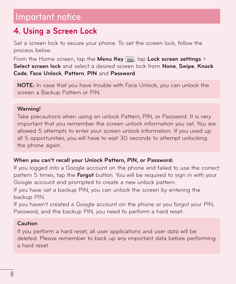 Important notice, Using a screen lock | LG D959 User Manual | Page 9 / 173