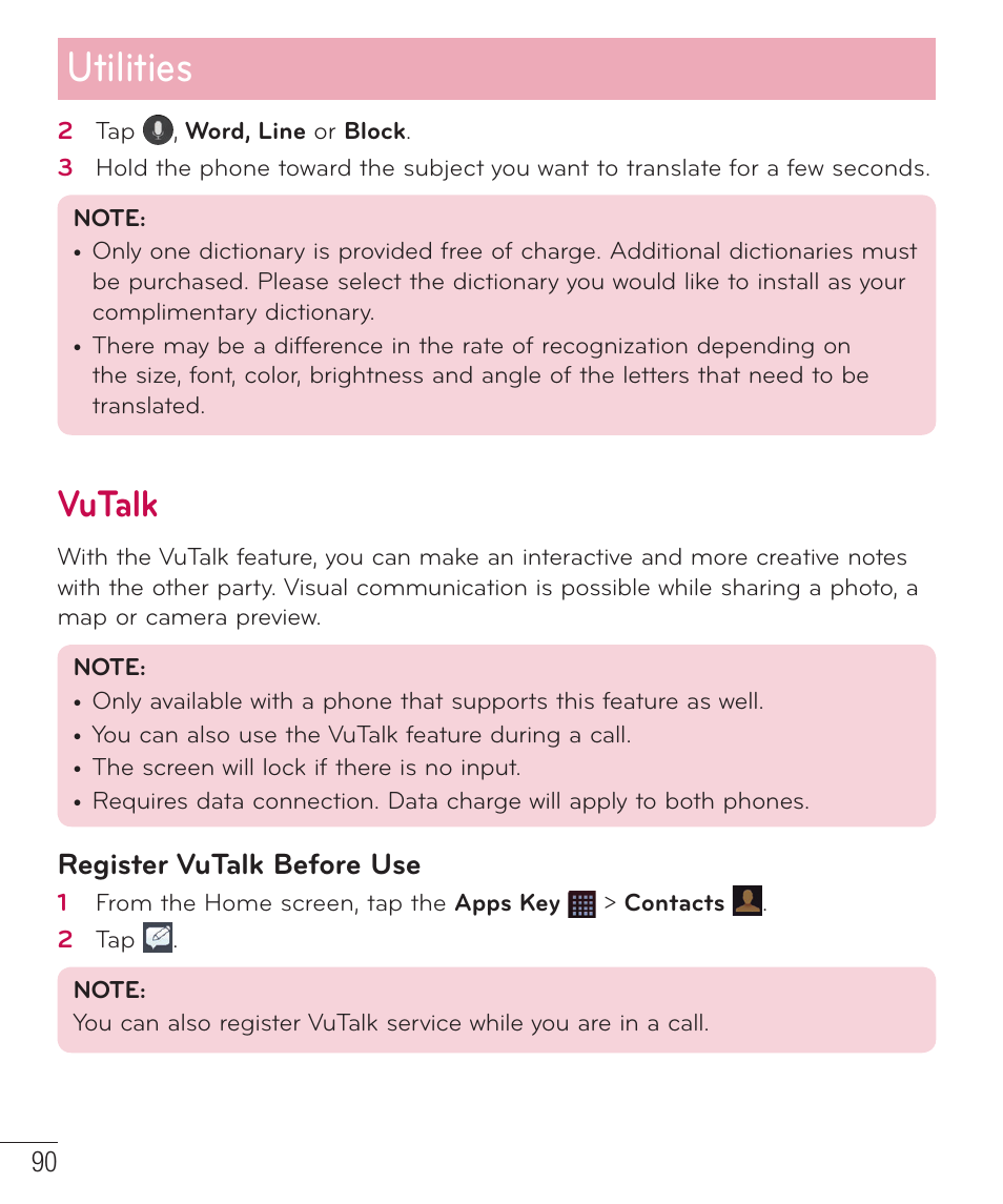 Vutalk, Utilities, Register vutalk before use | LG D959 User Manual | Page 91 / 173