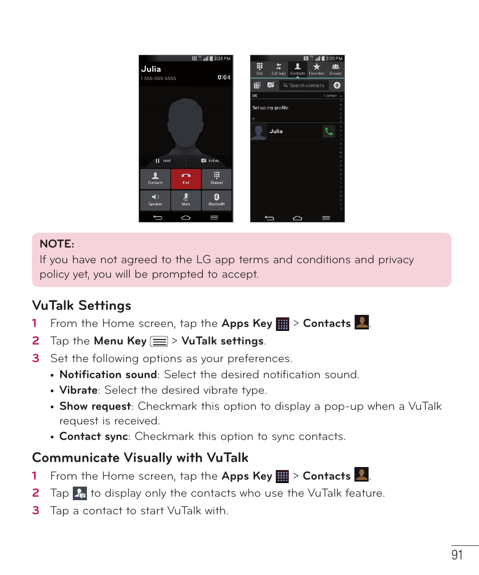 Vutalk settings, Communicate visually with vutalk | LG D959 User Manual | Page 92 / 173