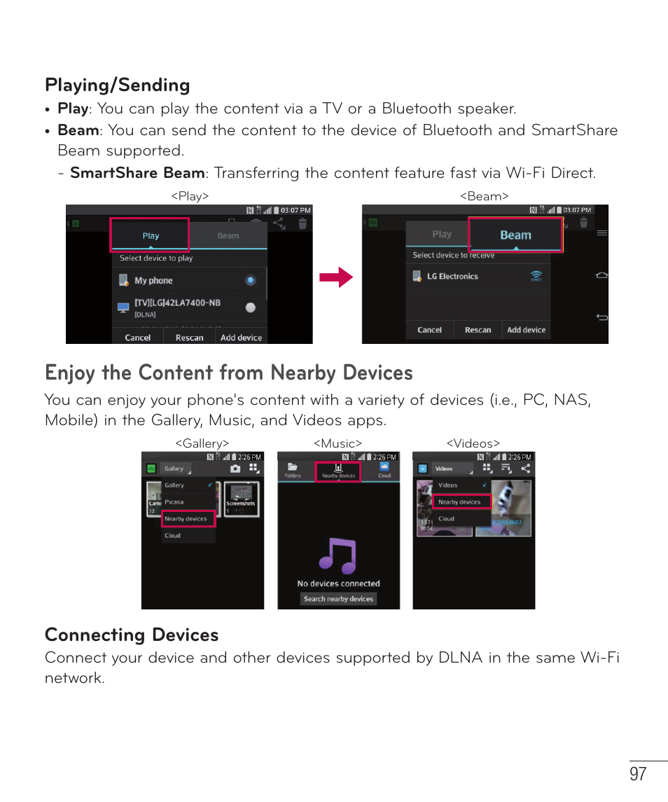 Enjoy the content from nearby devices, Playing/sending, Connecting devices | LG D959 User Manual | Page 98 / 173