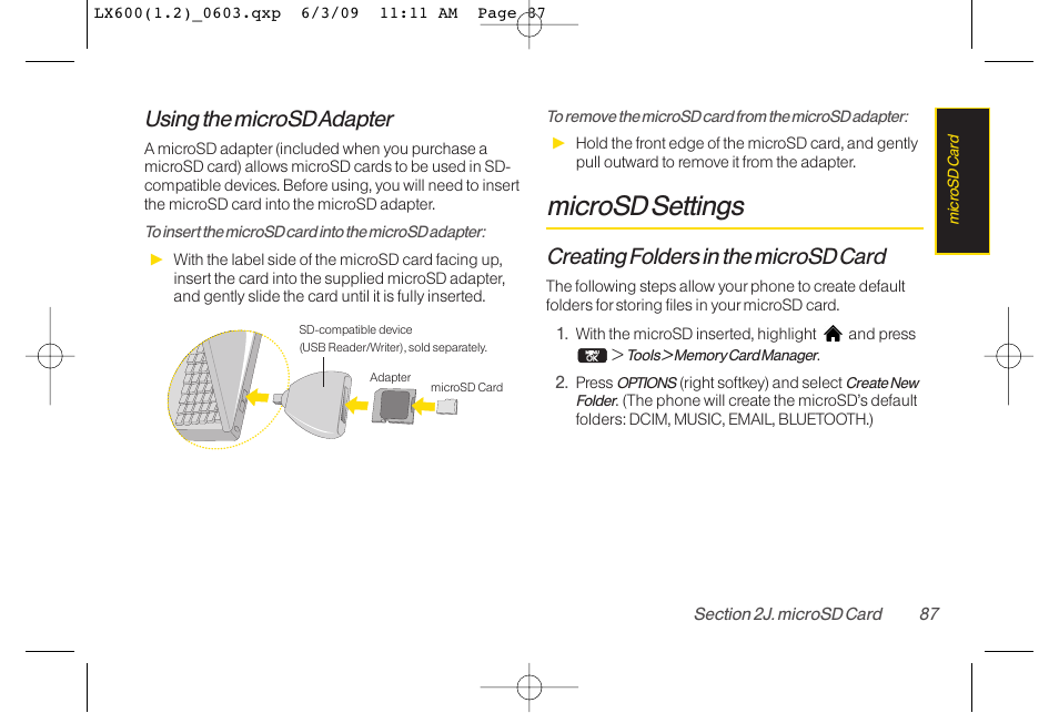 Microsd settings, Using the microsd adapter, Creating folders in the microsd card | LG LGLX600 User Manual | Page 101 / 193