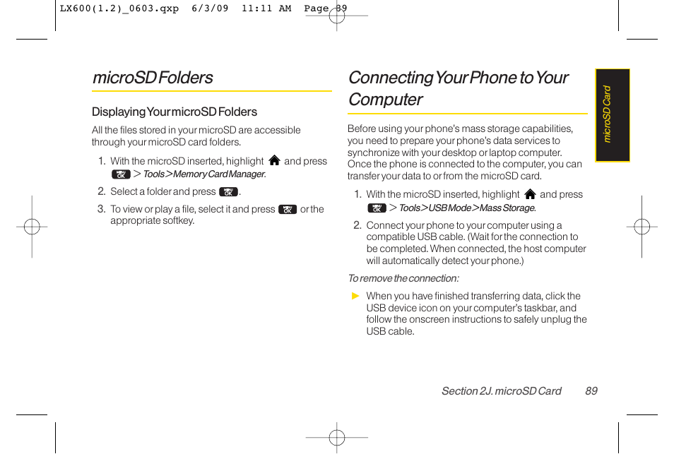 Microsd folders, Connecting yourphone to your computer | LG LGLX600 User Manual | Page 103 / 193