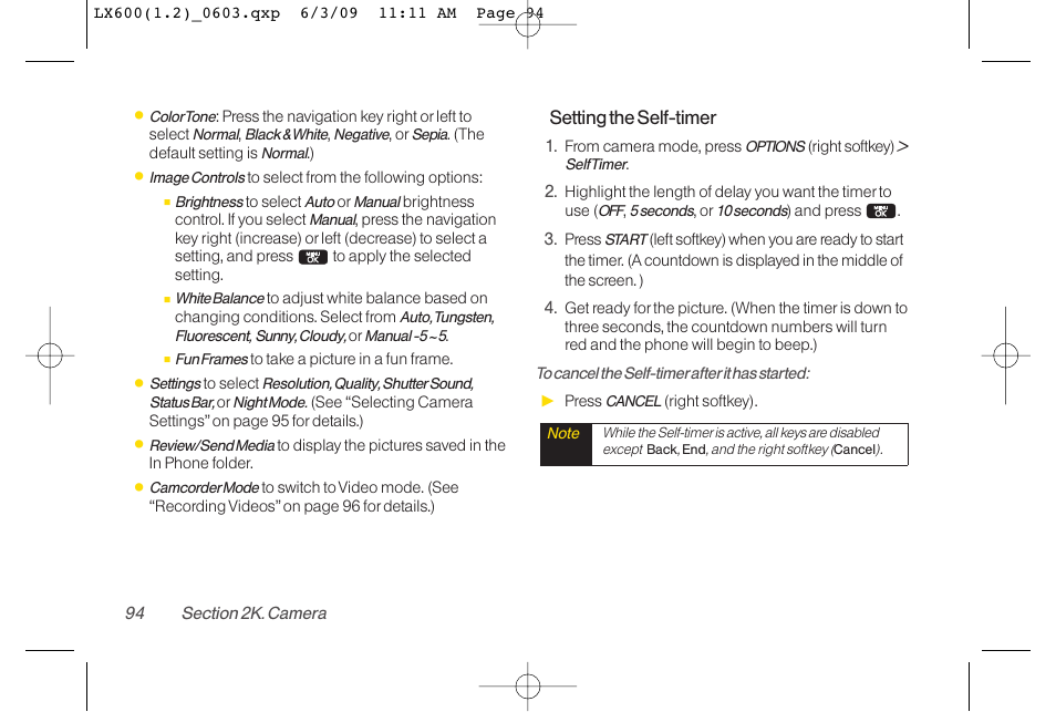 Setting the self-timer | LG LGLX600 User Manual | Page 108 / 193