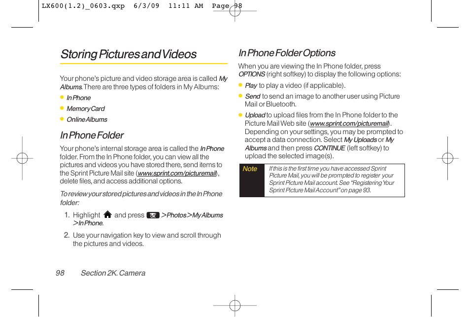 Storing pictures and videos | LG LGLX600 User Manual | Page 112 / 193