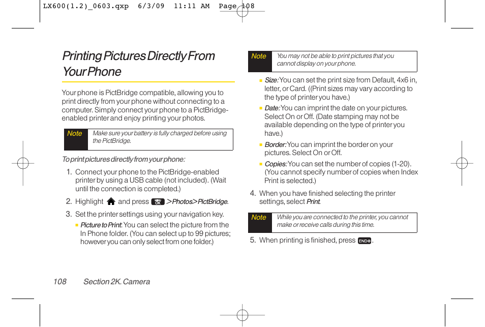 Printing pictures directly from yourphone | LG LGLX600 User Manual | Page 122 / 193