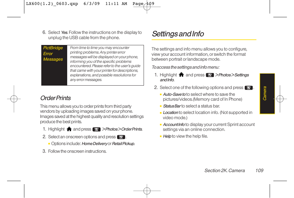 Settings and info, Orderprints | LG LGLX600 User Manual | Page 123 / 193