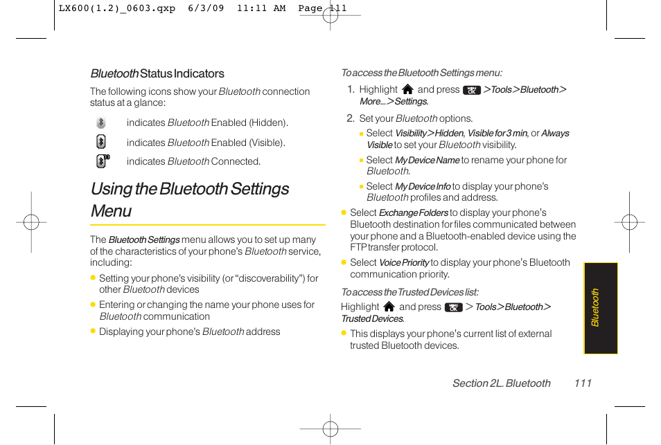 Using the bluetooth settings menu | LG LGLX600 User Manual | Page 125 / 193