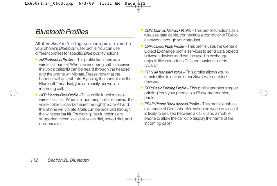 Bluetooth profiles | LG LGLX600 User Manual | Page 126 / 193