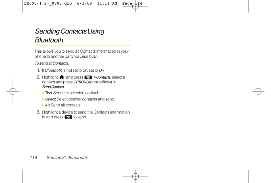 Sending contacts using bluetooth | LG LGLX600 User Manual | Page 128 / 193