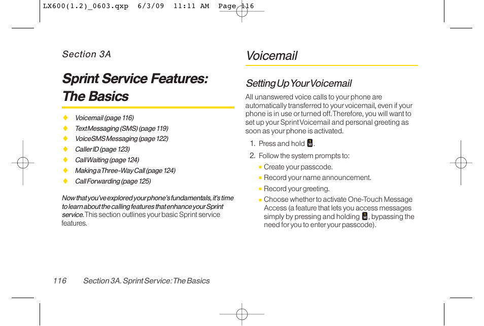 Sprint service features: the basics, Voicemail, Setting upyourvoicemail | LG LGLX600 User Manual | Page 130 / 193