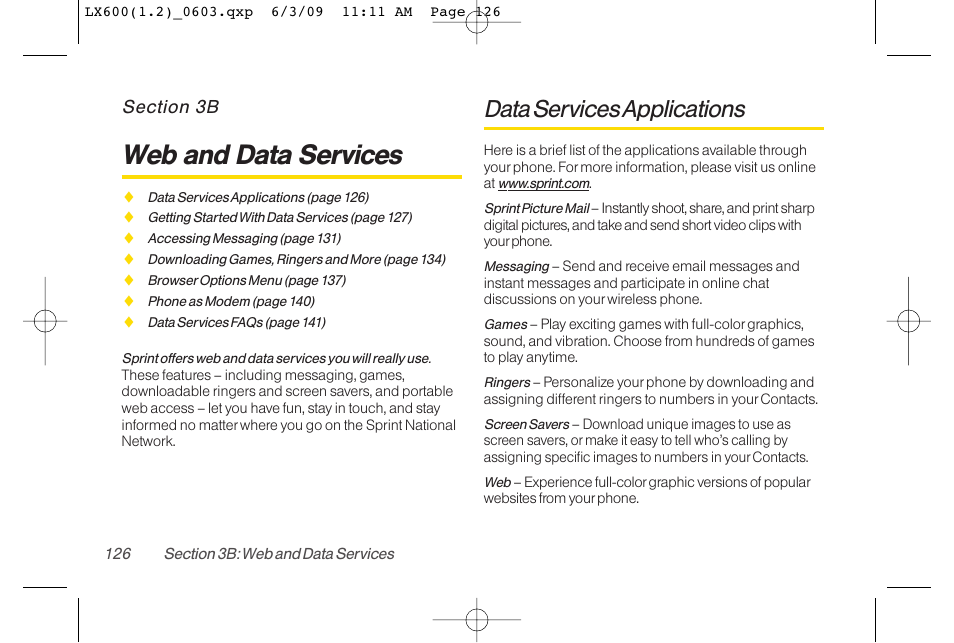 Web and data services, Data services applications | LG LGLX600 User Manual | Page 140 / 193