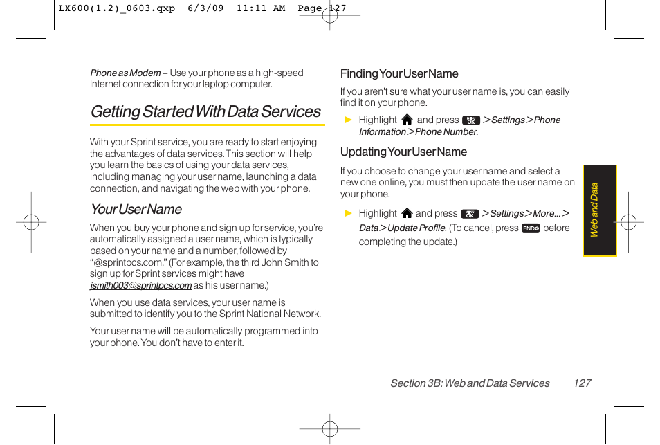 Getting started with data services, Yourusername | LG LGLX600 User Manual | Page 141 / 193