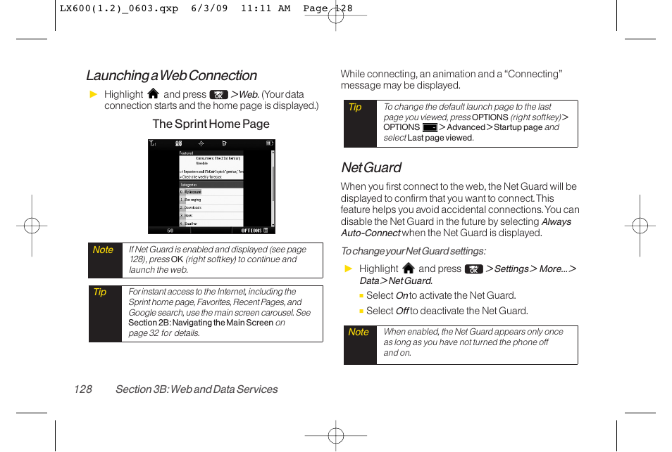 Launching a web connection, Net guard | LG LGLX600 User Manual | Page 142 / 193