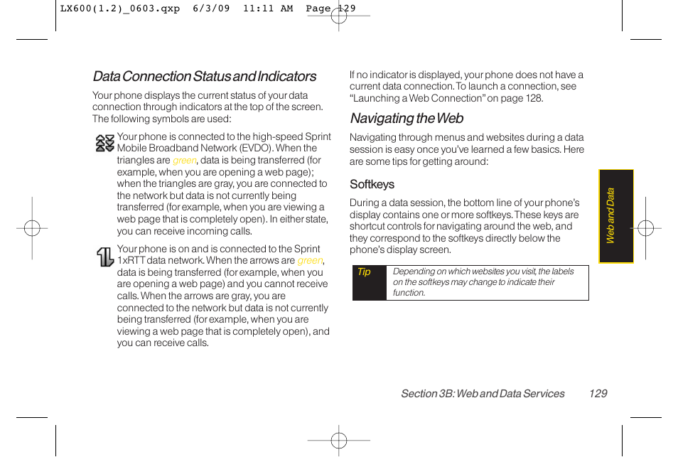 Data connection status and indicators, Navigating the web | LG LGLX600 User Manual | Page 143 / 193