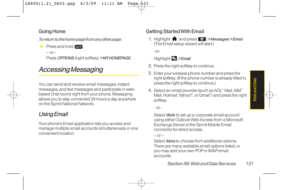 Accessing messaging, Using email | LG LGLX600 User Manual | Page 145 / 193