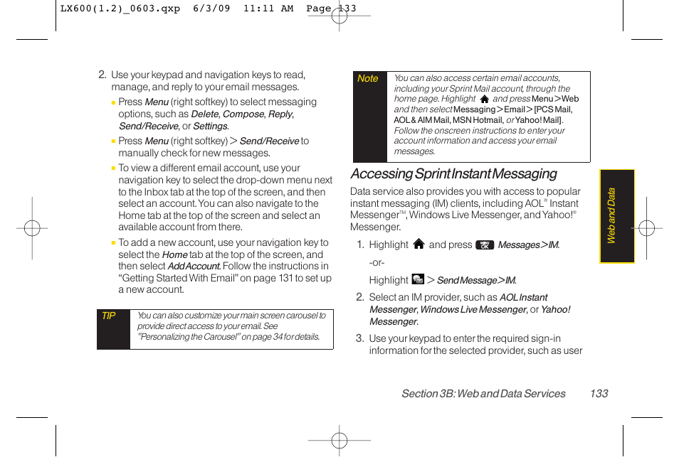 Accessing sprint instant messaging | LG LGLX600 User Manual | Page 147 / 193