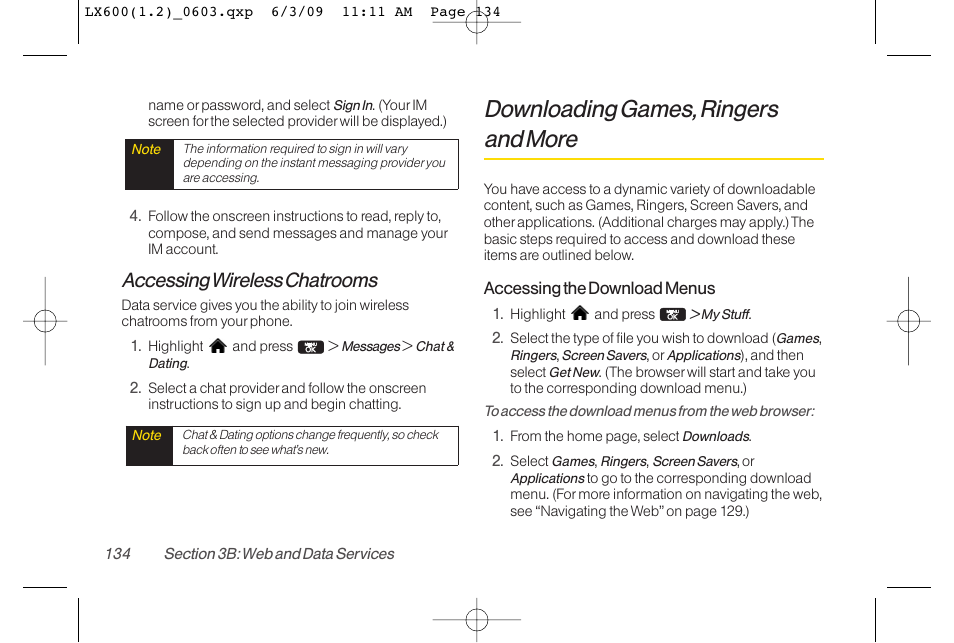 Downloading games, ringers and more, Accessing wireless chatrooms | LG LGLX600 User Manual | Page 148 / 193