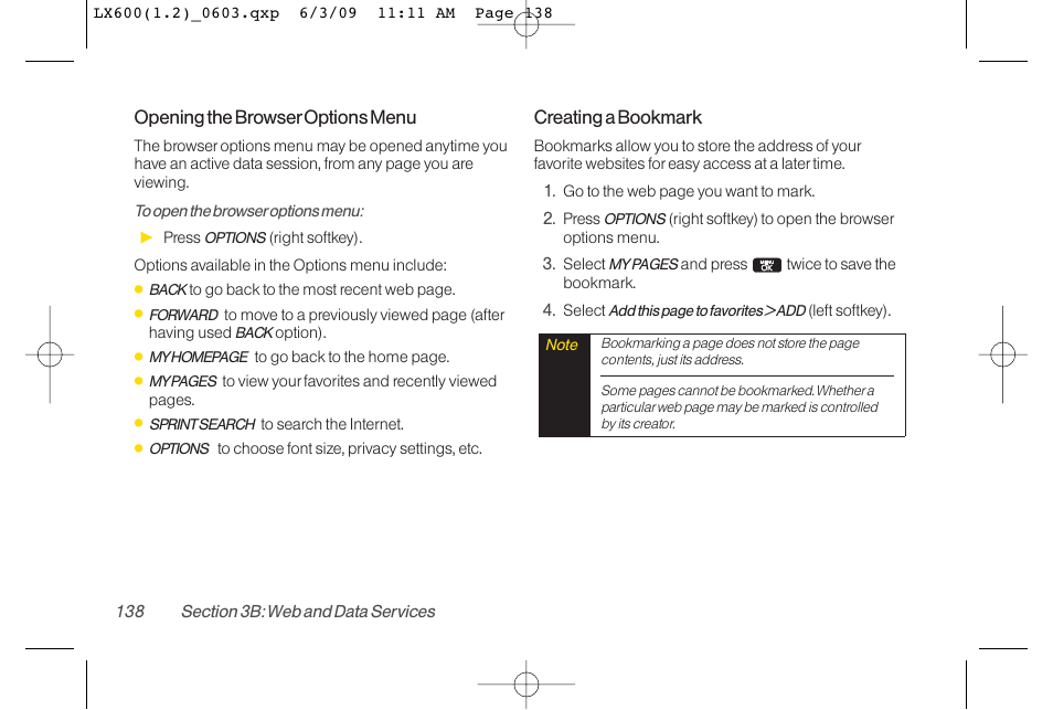 Opening the browseroptions menu, Creating a bookmark | LG LGLX600 User Manual | Page 152 / 193