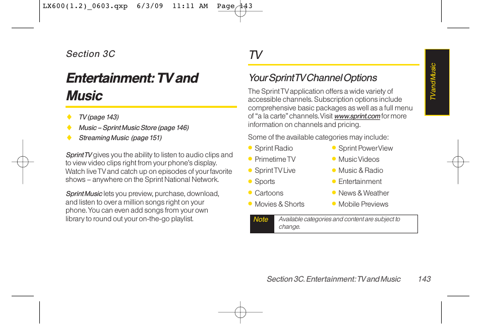 Entertainment: tv and music, Yoursprint tvchannel options | LG LGLX600 User Manual | Page 157 / 193