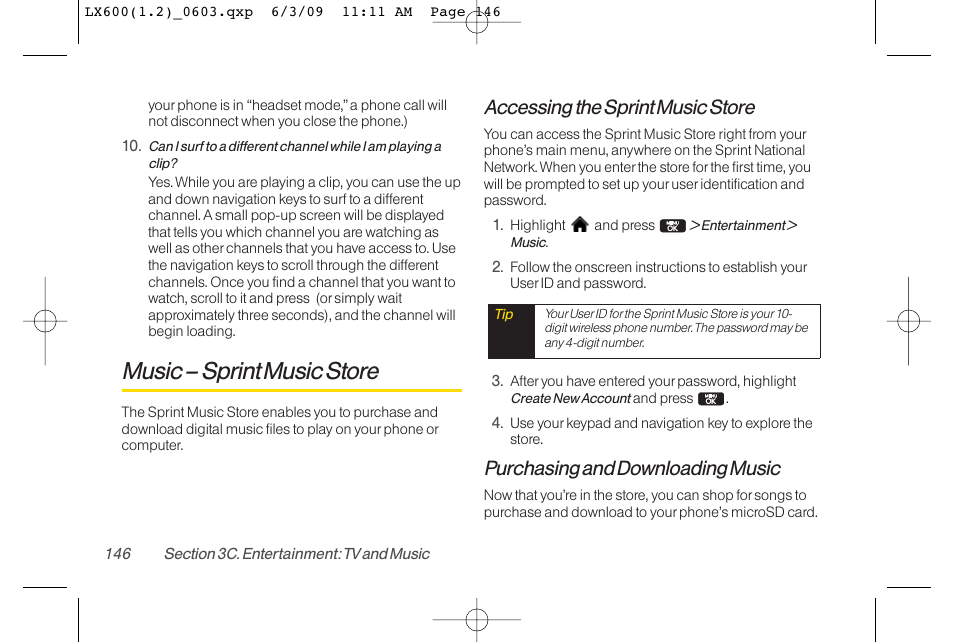 Music – sprint music store, Accessing the sprint music store, Purchasing and downloading music | LG LGLX600 User Manual | Page 160 / 193