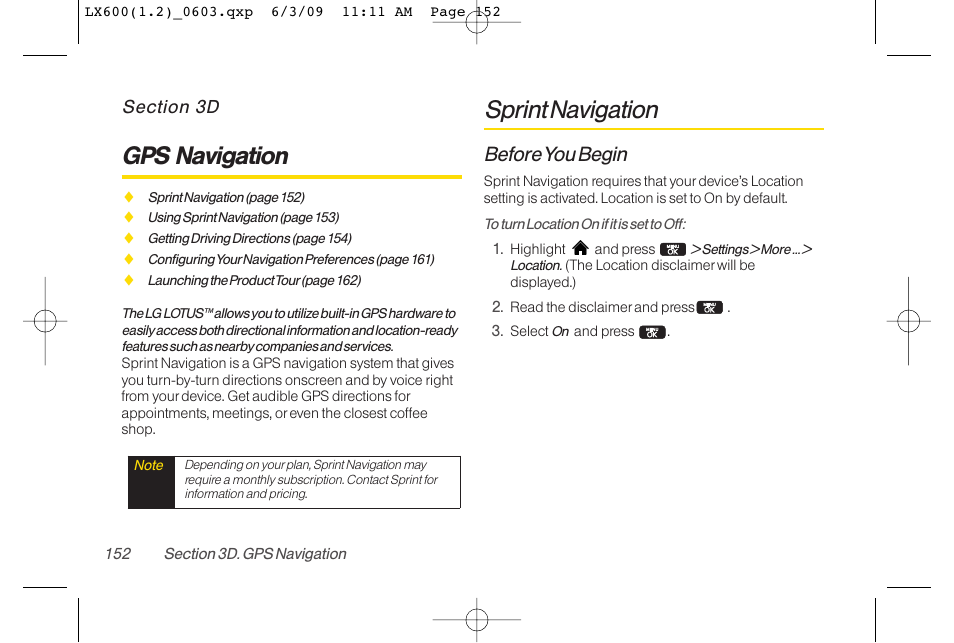 Gps navigation, Sprint navigation, Before you begin | LG LGLX600 User Manual | Page 166 / 193