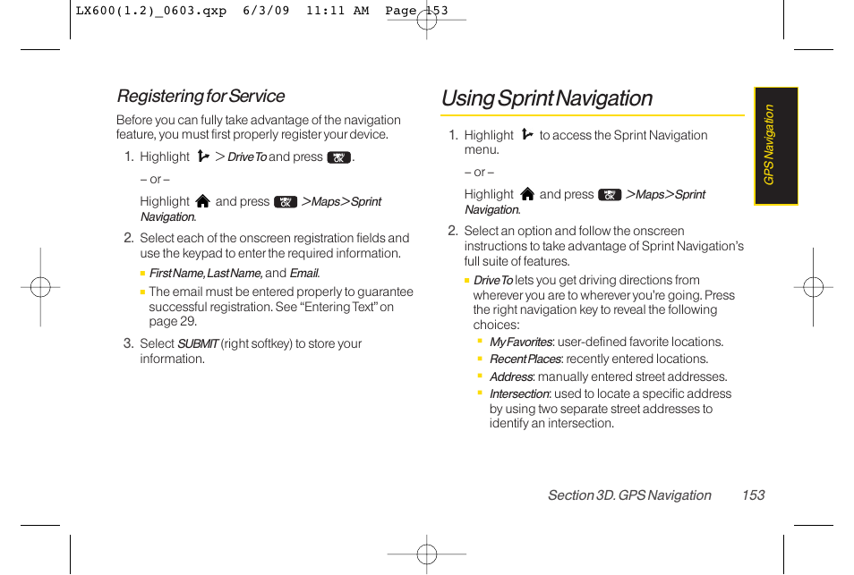 Using sprint navigation, Registering forservice | LG LGLX600 User Manual | Page 167 / 193
