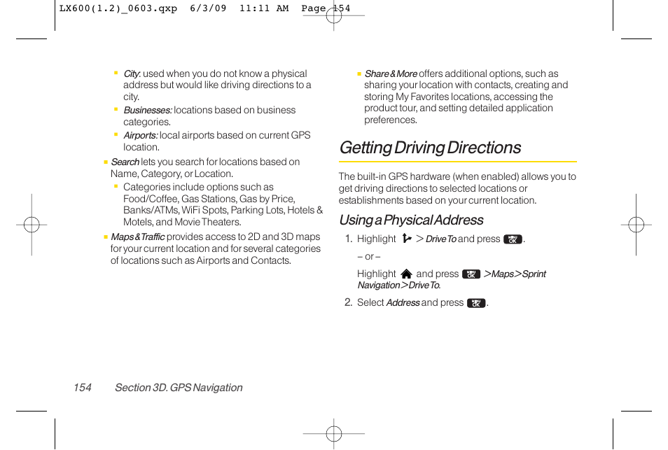 Getting driving directions, Using a physical address | LG LGLX600 User Manual | Page 168 / 193