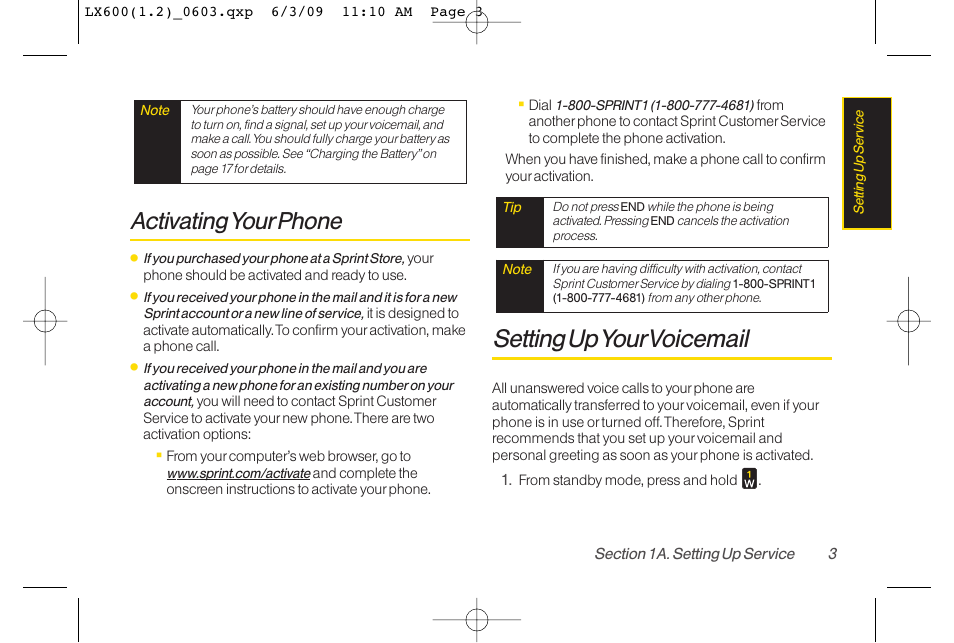 Setting upyourvoicemail, Activatingyourphone | LG LGLX600 User Manual | Page 17 / 193