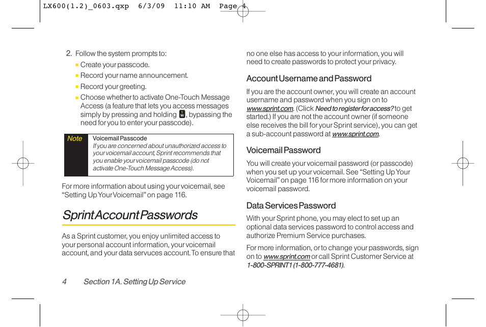 Sprint account passwords | LG LGLX600 User Manual | Page 18 / 193