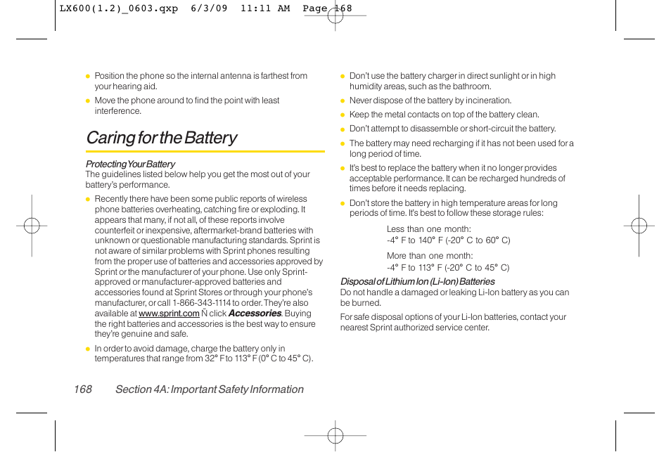 Caring for the battery | LG LGLX600 User Manual | Page 182 / 193