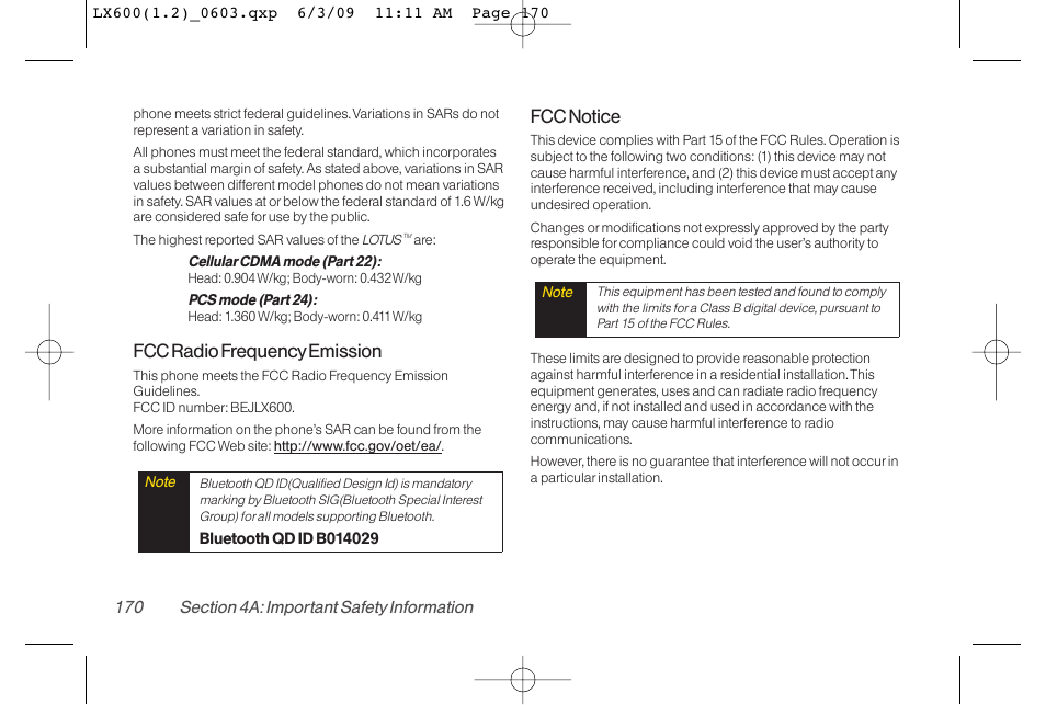 Fcc radio frequencyemission, Fcc notice | LG LGLX600 User Manual | Page 184 / 193