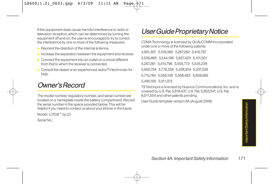 Owner’s record, Userguide proprietary notice | LG LGLX600 User Manual | Page 185 / 193