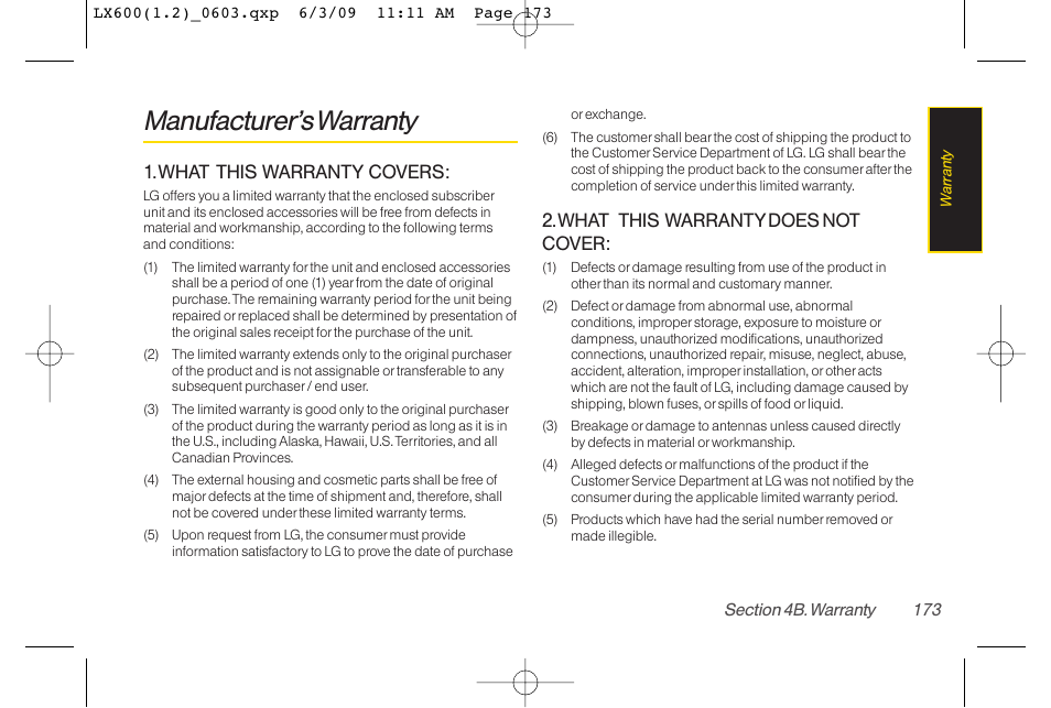 Manufacturer’s warranty, What this warranty covers, What this warranty does not cover | LG LGLX600 User Manual | Page 187 / 193