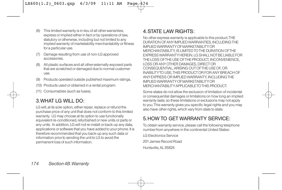 What lg will do, State law rights, How to get warranty service | LG LGLX600 User Manual | Page 188 / 193