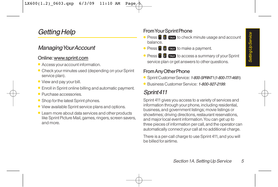 Getting help, Managing youraccount, Sprint 411 | LG LGLX600 User Manual | Page 19 / 193