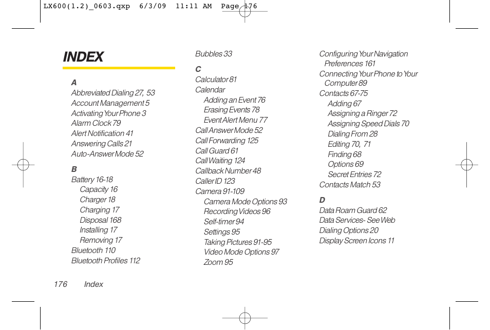 Index | LG LGLX600 User Manual | Page 190 / 193