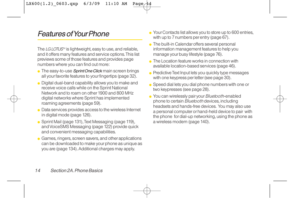 Features of yourphone | LG LGLX600 User Manual | Page 28 / 193