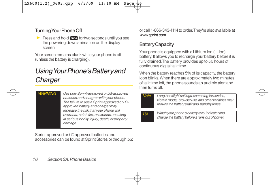 Using yourphone’s batteryand charger | LG LGLX600 User Manual | Page 30 / 193