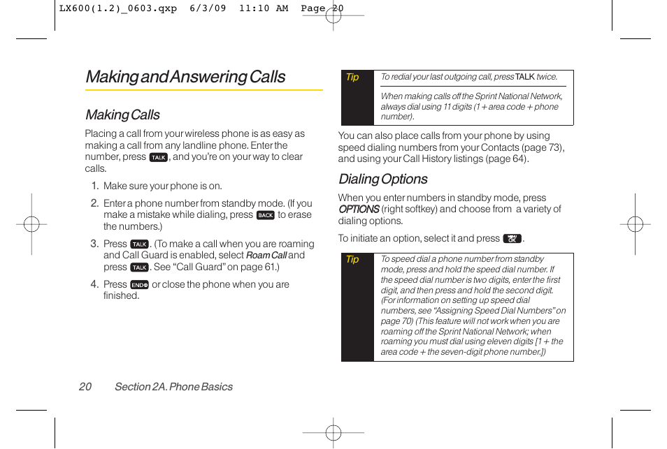 Making and answering calls, Making calls, Dialing options | LG LGLX600 User Manual | Page 34 / 193