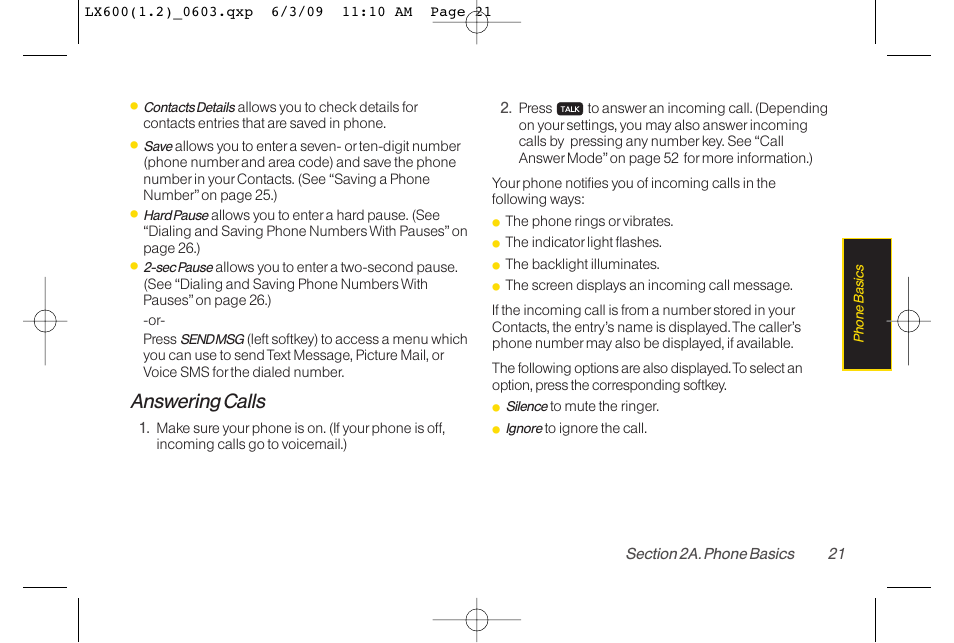 Answering calls | LG LGLX600 User Manual | Page 35 / 193