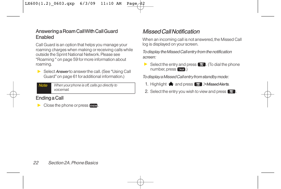 Missed call notification | LG LGLX600 User Manual | Page 36 / 193