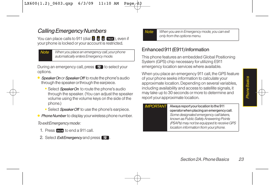 Calling emergency numbers | LG LGLX600 User Manual | Page 37 / 193