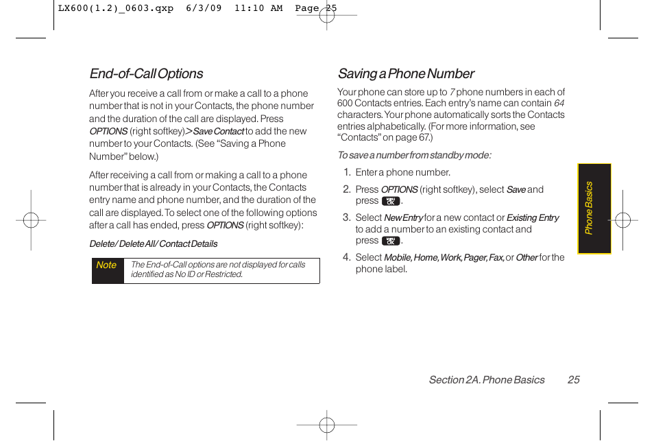 End-of-call options, Saving a phone number | LG LGLX600 User Manual | Page 39 / 193