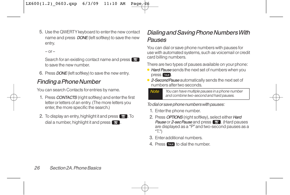 Finding a phone number, Dialing and saving phone numbers with pauses | LG LGLX600 User Manual | Page 40 / 193