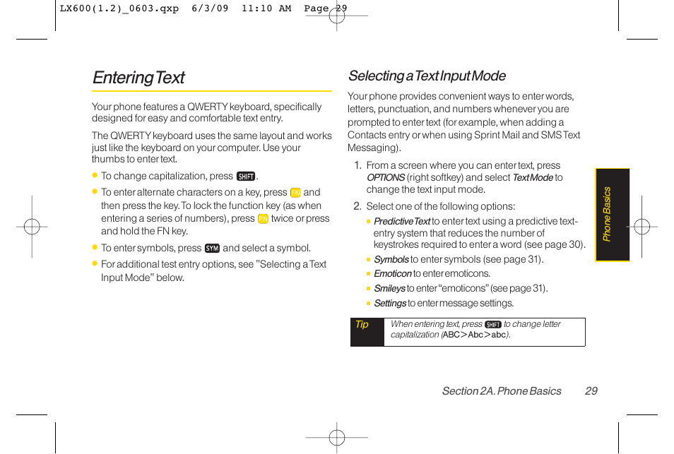 Entering text, Selecting a text input mode | LG LGLX600 User Manual | Page 43 / 193